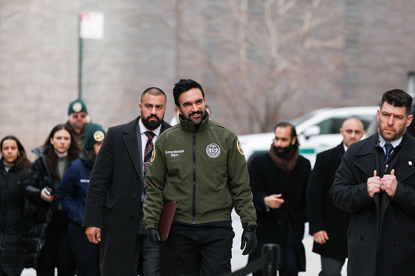 New York City Mayor Zohran Mamdani arrives at a salt depot to speak at a news conference about preparations for the winter storm in New York