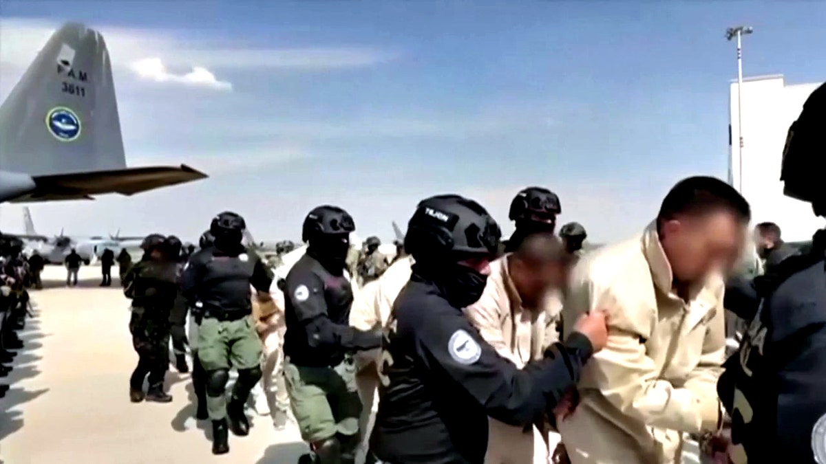 members of Mexican drug cartels being escorted by masked officers