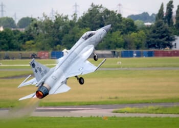 A Pakistani JF-17 fighter taking off.