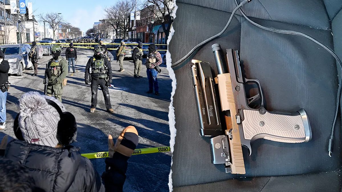 Federal agents blocking the street and a gun showed in a split image