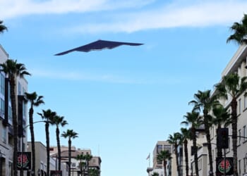 A B-2 flying over the Rose Parade.