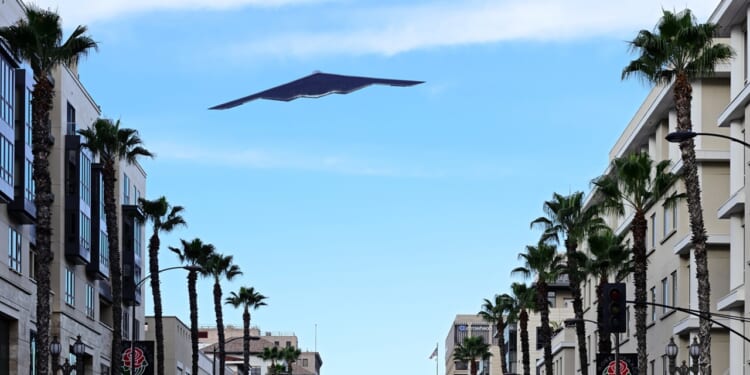 A B-2 flying over the Rose Parade.