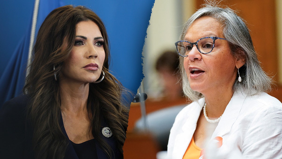 DHS secretary Kristi Noem, left, pictured alongside Congresswoman Robin Kelly, right.