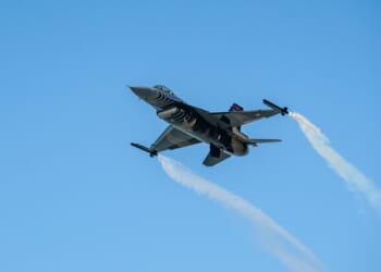 An F-16 fighter in flight.