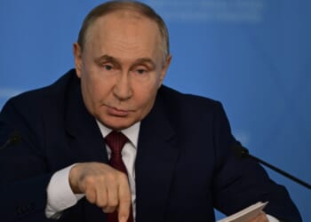 Russian president Vladimir Putin makes statements to the press.