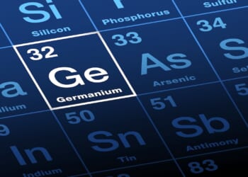 Germanium on periodic table of the elements. Metalloid with symbol Ge from country name Germany, and with atomic number 32. Used as a semiconductor in transistors and various other electronic devices.