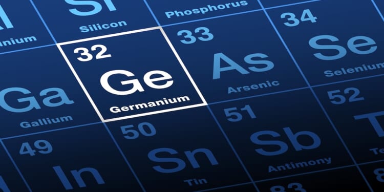 Germanium on periodic table of the elements. Metalloid with symbol Ge from country name Germany, and with atomic number 32. Used as a semiconductor in transistors and various other electronic devices.
