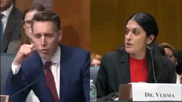 Split gif of Senator Josh Hawley and Dr. Nisha Verma