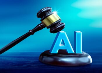 Judicial gavel and AI symbol. Jurisprudence and ban artificial intelligence concept.