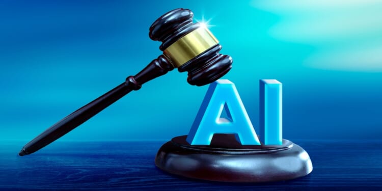 Judicial gavel and AI symbol. Jurisprudence and ban artificial intelligence concept.