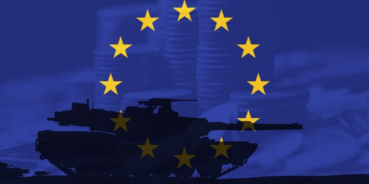 A tank against a European Union flag backdrop.
