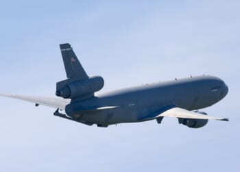A KC-10 Extender tanker plane in flight.