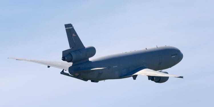 A KC-10 Extender tanker plane in flight.