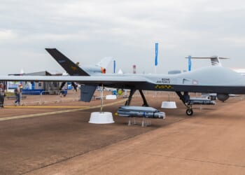 A Sky Guardian drone on display in the UK.