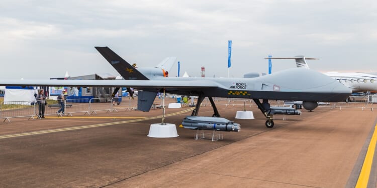 A Sky Guardian drone on display in the UK.
