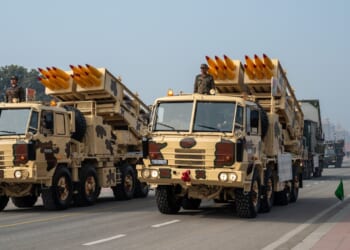 Two Indian Pinaka rocket launchers in a parade.