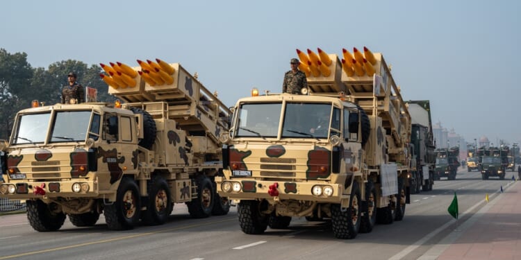 Two Indian Pinaka rocket launchers in a parade.