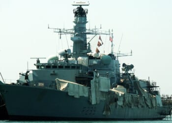 The HMS Richmond at a dock in Portsmouth, UK.