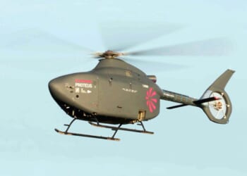 A Proteus helicopter drone in flight.