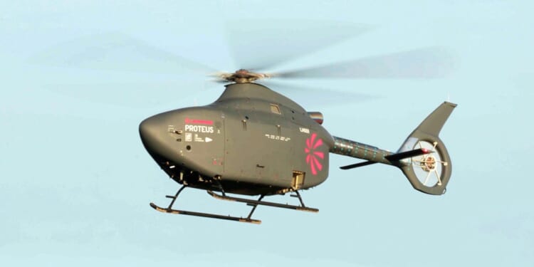 A Proteus helicopter drone in flight.