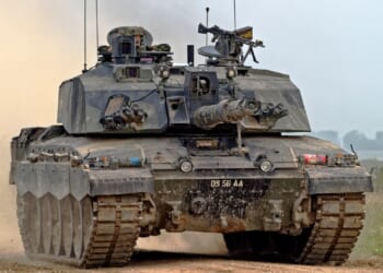 A Challenger 2 tank, driving.