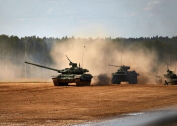 A group of Russian tanks at an exercise.