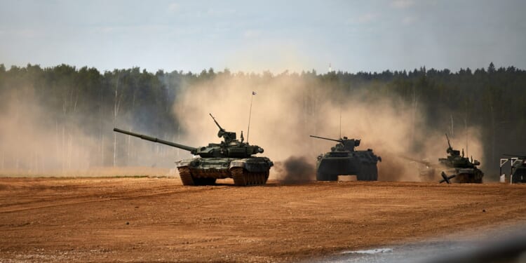 A group of Russian tanks at an exercise.