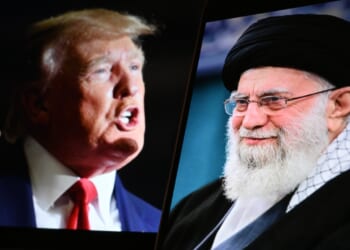 President Trump and Ayatollah Khamenei on screen together.