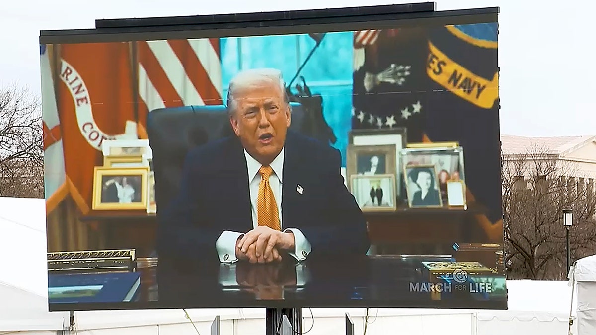President Donald Trump displayed on a projector at March for Life rally.