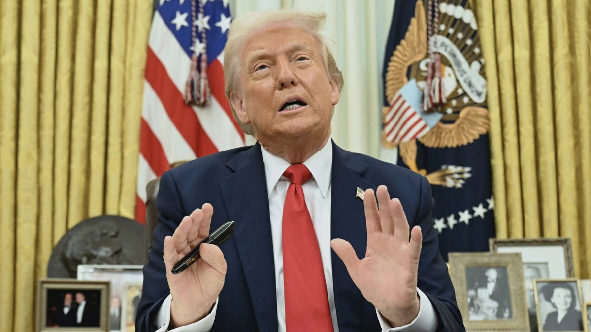 President Donald Trump speaks to reporters before signing an executive order in the Oval Office of the White House in Washington, Monday, March 31, 2025. (Pool via AP)