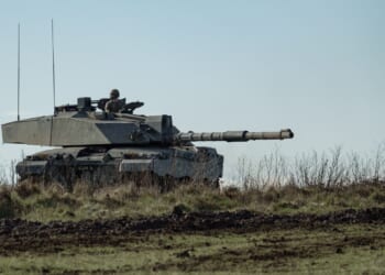 A British Challenger tank aiming its gun.