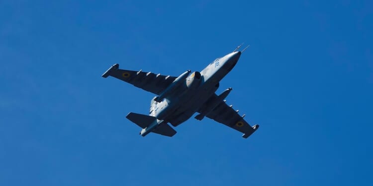 A Ukrainian Su-25 Frogfoot attack aircraft in flight.