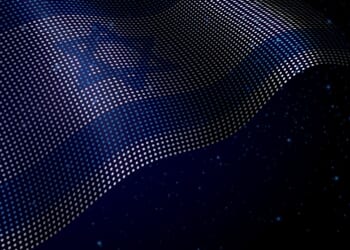 Israel digital flag made of dots, waving over a starry dark background