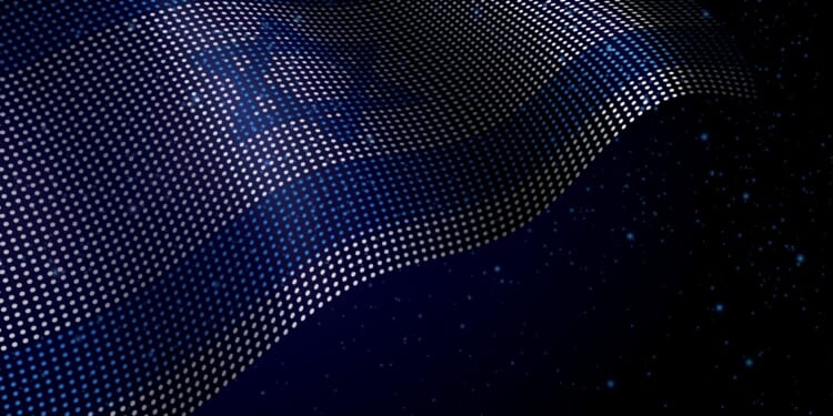 Israel digital flag made of dots, waving over a starry dark background
