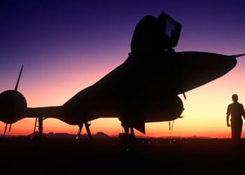 An SR-71 Blackbird seen at dusk.