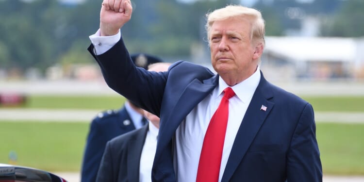 Trump raising his fist while giving a speech.
