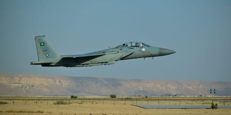 Saudi Arabian fighter jet takes off.