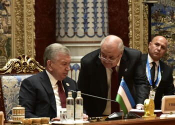 Uzbek president Shavkat Mirziyoyev attends conference in Dushanbe.