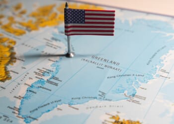 A map of Greenland with an American flag on it.