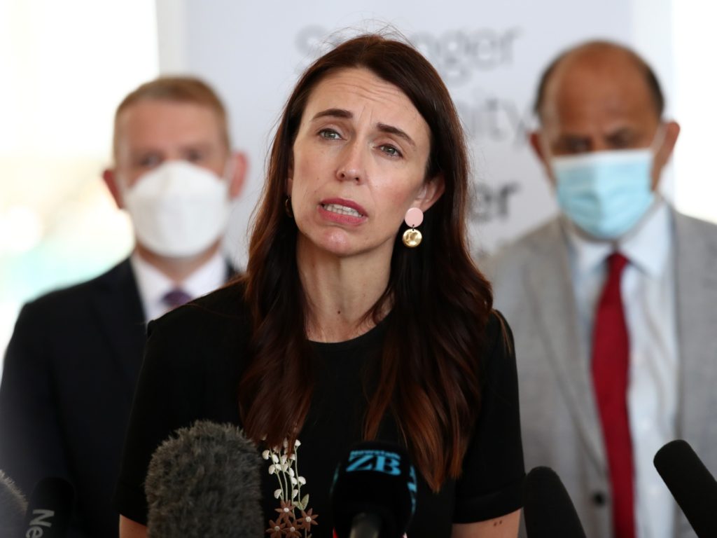 AUCKLAND, NEW ZEALAND - FEBRUARY 04: New Zealand Prime Minister Jacinda Ardern speaks to media as she promotes the COVID-19 booster vaccine at the new vaccination centre at the Cloud on February 04, 2022 in Auckland, New Zealand. New Zealanders can receive a booster shot three months after their second vaccine dose rather than wait four months, as the government tries to stay ahead of the Omnicron strain. (Photo by Fiona Goodall/Getty Images)