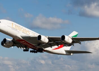 An Emirates Airbus A380 in flight.