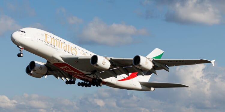 An Emirates Airbus A380 in flight.