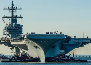 The USS George H.W. Bush aircraft carrier at sea.
