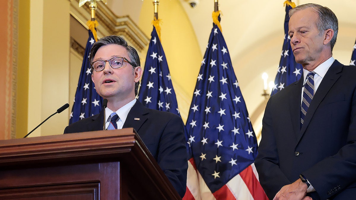 Speaker Mike Johnson and Senate Majority Leader John Thune speaking to the press.