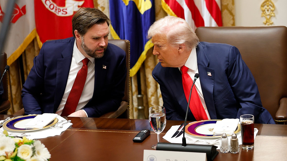 JD Vance and Donald Trump speak during a meeting