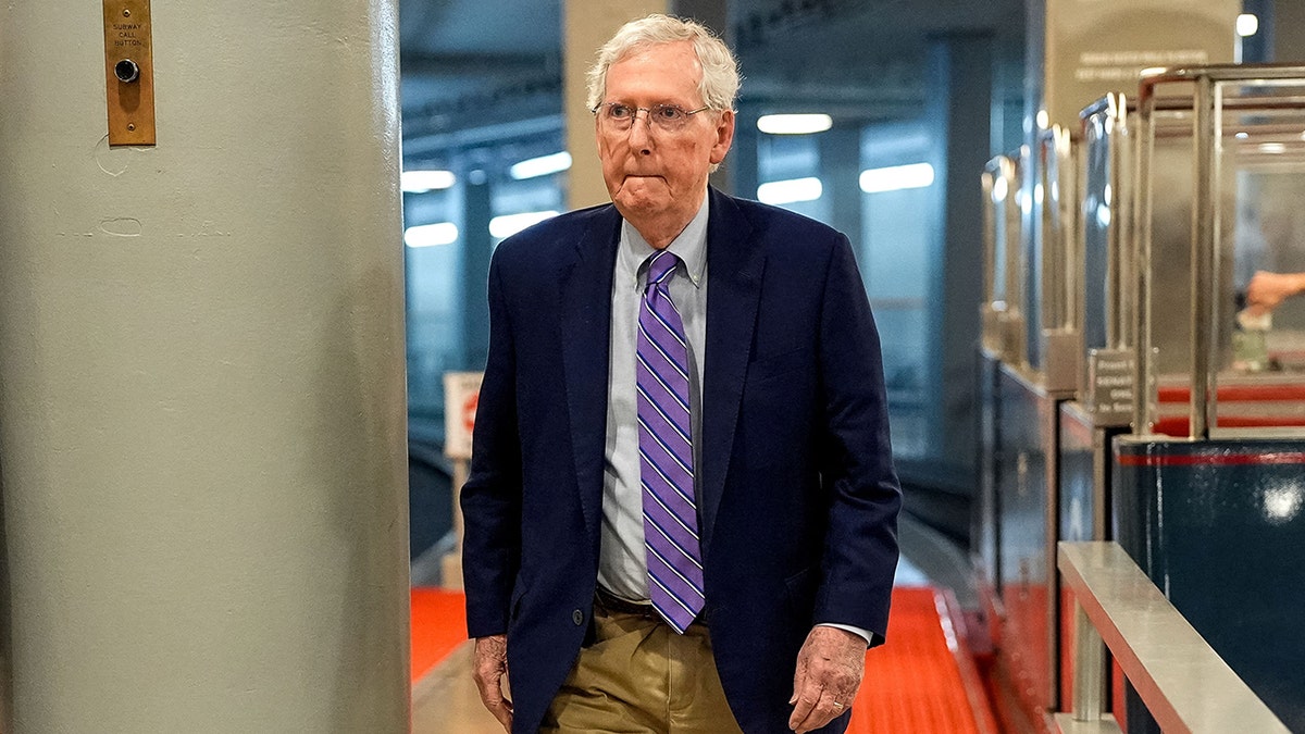 U.S. Sen. Mitch McConnell walks in Capitol Hill