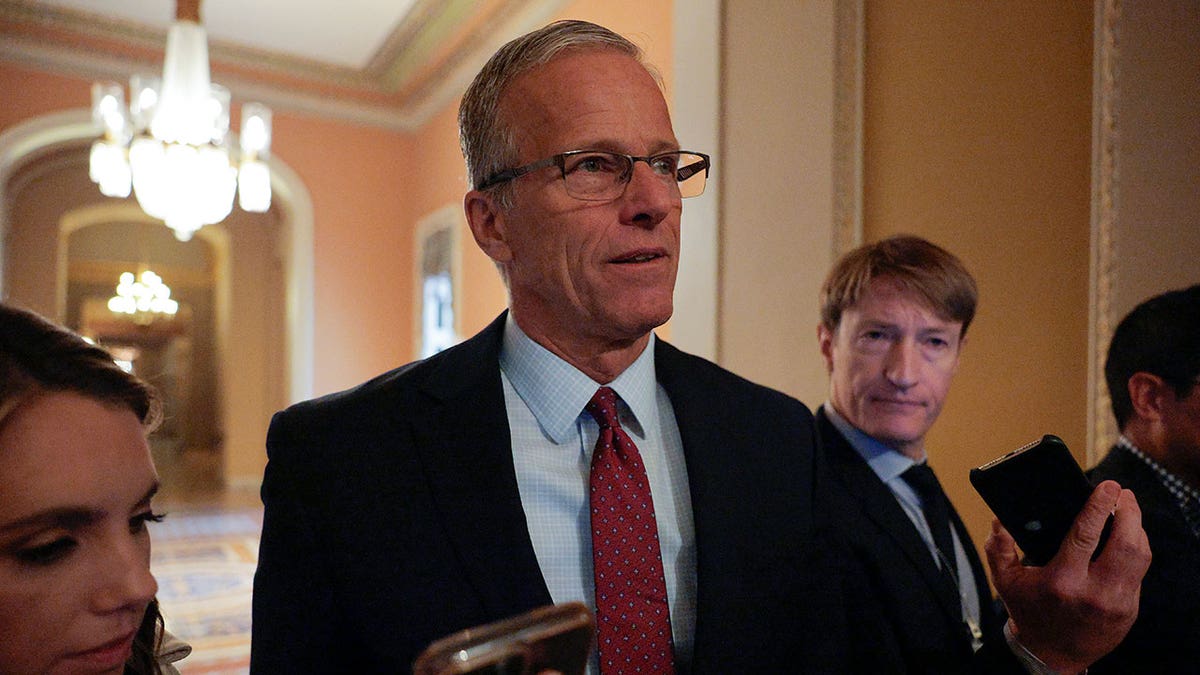 Senate Majority Leader John Thune speaks to reporters