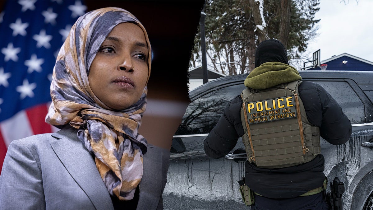 Ilhan Omar, left, pictured along an ICE agent, right.