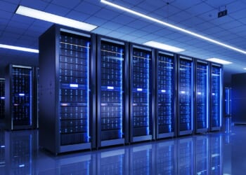 Server racks in modern server room data center - 3d illustration.