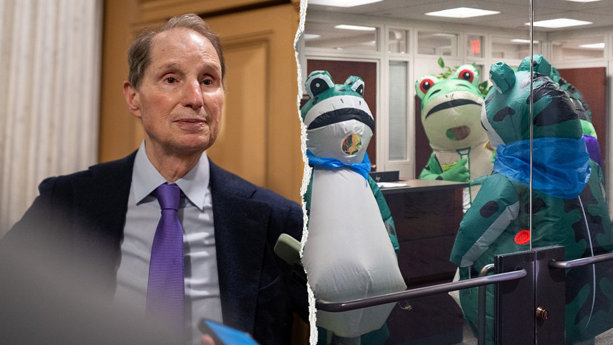Sen. Ron Wyden, left, pictured next to protestors wearing inflatable frog costumes standing in a congressional office, right.